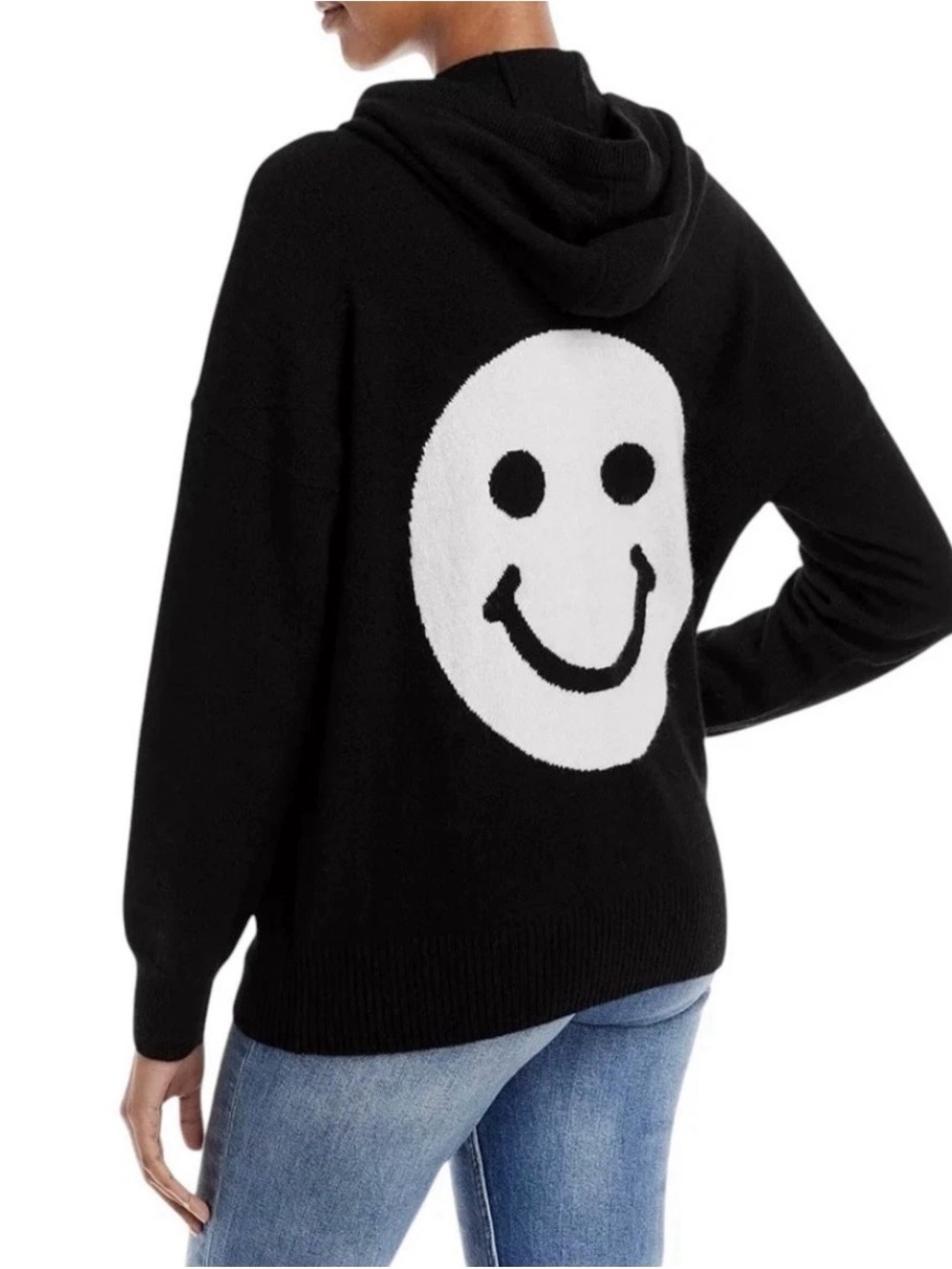 Y2K Aqua Women's Black White Smiley Intarsia 100% Cashmere Streetwear Hoodie S